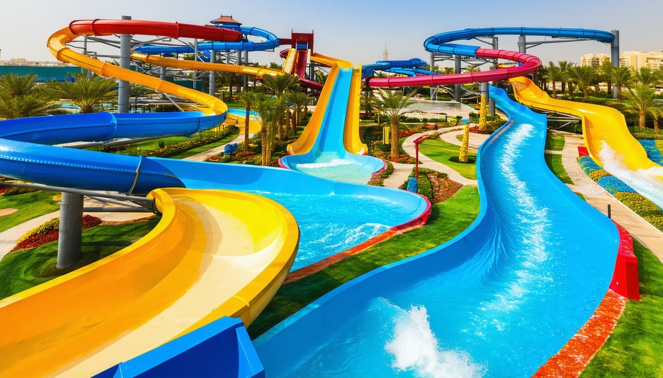 Aerial view of a vibrant water park in Dubai featuring twisting slides and wave pools