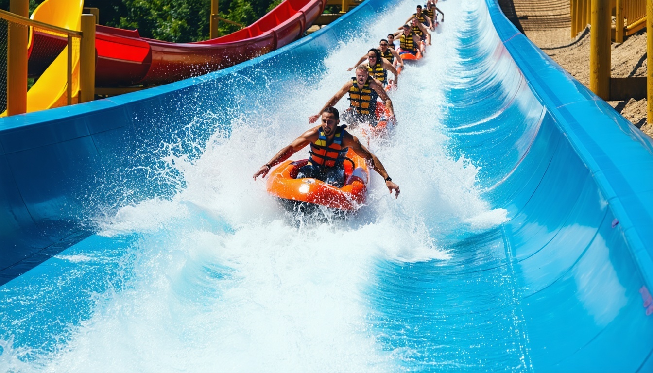 Thrill-seekers plunging down a high-speed water slide at a top-rated park