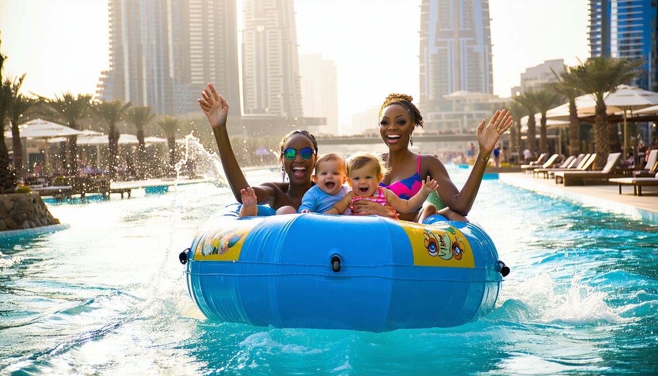Families enjoying a lazy river ride under the Dubai sun