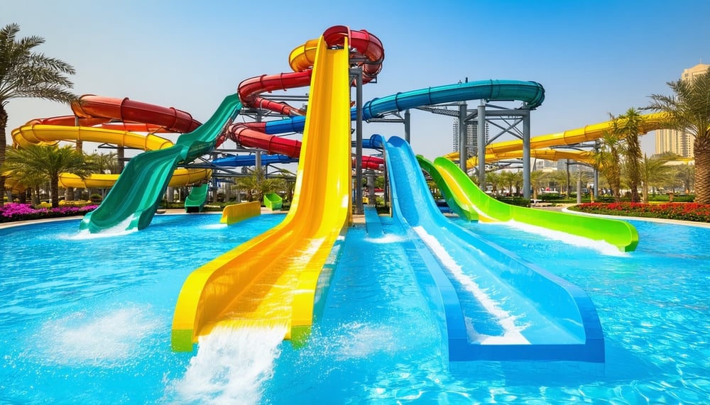 A vibrant water park in Dubai with slides and pools A vibrant water park in Dubai with slides and pools