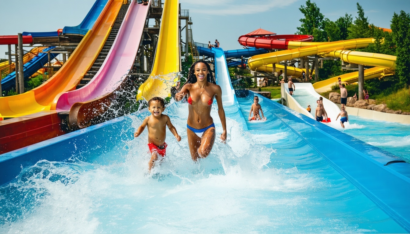 Families enjoying at a water park with slides